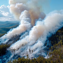 Luftaufnahme eines Waldbrandes in einem Bergwald